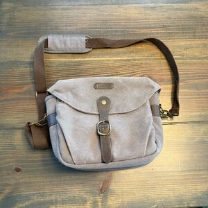 Gray and Brown Camera Bag with Adjustable Strap and Flap Closure